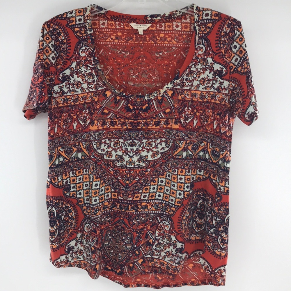 Lucky Brand Los Angeles, CA Orange Print Top Artsy Size Large Boho